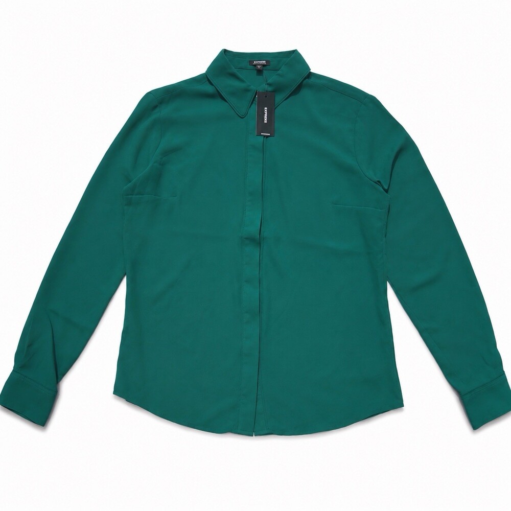 Express Women's Portofino Green Roll Tab Sleeve Blouse Button Front Size XS